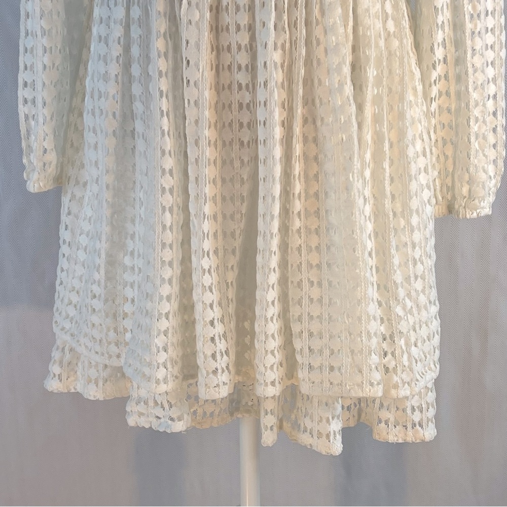 Mustard Seed Dress White Lace Tiered Hemline Shear Long Sleeves High Neck M👍 - Picture 8 of 9